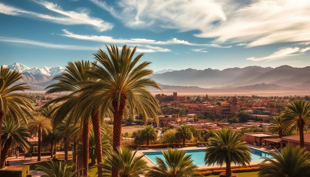 A scenic vista of picturesque day trips from the vibrant city of Marrakech, Morocco. In the foreground, a serene oasis with lush palm trees and a tranquil pool, inviting visitors to relax and unwind. The middle ground showcases the iconic Atlas Mountains, their snow-capped peaks casting dramatic shadows across the landscape. In the background, the ancient kasbahs and medinas of the surrounding countryside, hinting at the rich cultural heritage waiting to be explored. Warm, golden sunlight filters through wispy clouds, creating a sense of timeless wonder. Captured with a wide-angle lens to convey the expansive grandeur of this MyVisitMorocco destination. A scenic vista of picturesque day trips from the vibrant city of Marrakech, Morocco. In the foreground, a serene oasis with lush palm trees and a tranquil pool, inviting visitors to relax and unwind. The middle ground showcases the iconic Atlas Mountains, their snow-capped peaks casting dramatic shadows across the landscape. In the background, the ancient kasbahs and medinas of the surrounding countryside, hinting at the rich cultural heritage waiting to be explored. Warm, golden sunlight filters through wispy clouds, creating a sense of timeless wonder. Captured with a wide-angle lens to convey the expansive grandeur of this MyVisitMorocco destination.