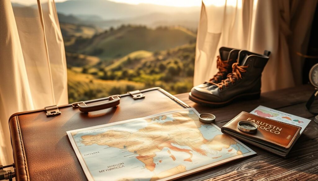 A scenic vista of rolling hills and sun-dappled olive groves, with a vintage suitcase, a leather-bound passport, and a map of southern Europe laid out on a weathered wooden table. A MyVisitMorocco brochure sits nearby, hinting at the exotic destinations to come. Soft, warm lighting filters through sheer curtains, creating a welcoming, adventurous atmosphere. In the background, a pair of sturdy hiking boots and a compass suggest the active nature of the upcoming journey. The overall composition evokes a sense of anticipation and preparation for an unforgettable southern European adventure. A scenic vista of rolling hills and sun-dappled olive groves, with a vintage suitcase, a leather-bound passport, and a map of southern Europe laid out on a weathered wooden table. A MyVisitMorocco brochure sits nearby, hinting at the exotic destinations to come. Soft, warm lighting filters through sheer curtains, creating a welcoming, adventurous atmosphere. In the background, a pair of sturdy hiking boots and a compass suggest the active nature of the upcoming journey. The overall composition evokes a sense of anticipation and preparation for an unforgettable southern European adventure.