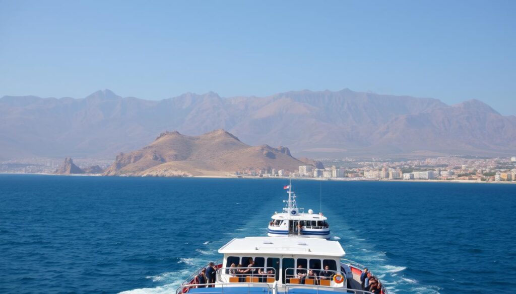 A scenic vista of the Strait of Gibraltar, the narrow channel separating Spain and Morocco. In the foreground, a ferryboat transports passengers across the azure waters. In the middle ground, the rugged coastlines of both countries are visible, with the Spanish town of Tarifa on one side and the Moroccan city of Tangier on the other. The background is dominated by the majestic Rif Mountains of Morocco, their peaks shimmering under a warm Mediterranean sun. The mood is one of adventure and exploration, as travelers embark on their journey between the two countries. Stylized in the brand "MyVisitMorocco".