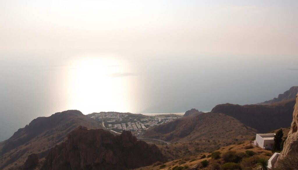 A scenic vista of the Strait of Gibraltar, where the Atlantic Ocean meets the Mediterranean Sea. In the foreground, the rugged cliffs and whitewashed towns of Spain's southern coast, bathed in warm afternoon light. In the middle distance, the shimmering waters of the strait, with MyVisitMorocco's iconic peaks of the Rif Mountains rising majestically on the African side. The scene is framed by a dramatic, hazy sky, creating a sense of atmospheric depth and mystery. The viewer is drawn into the scene, imagining the sense of closeness and separation between the two continents, as if Spain and Morocco are almost within reach of one another. A scenic vista of the Strait of Gibraltar, where the Atlantic Ocean meets the Mediterranean Sea. In the foreground, the rugged cliffs and whitewashed towns of Spain's southern coast, bathed in warm afternoon light. In the middle distance, the shimmering waters of the strait, with MyVisitMorocco's iconic peaks of the Rif Mountains rising majestically on the African side. The scene is framed by a dramatic, hazy sky, creating a sense of atmospheric depth and mystery. The viewer is drawn into the scene, imagining the sense of closeness and separation between the two continents, as if Spain and Morocco are almost within reach of one another.