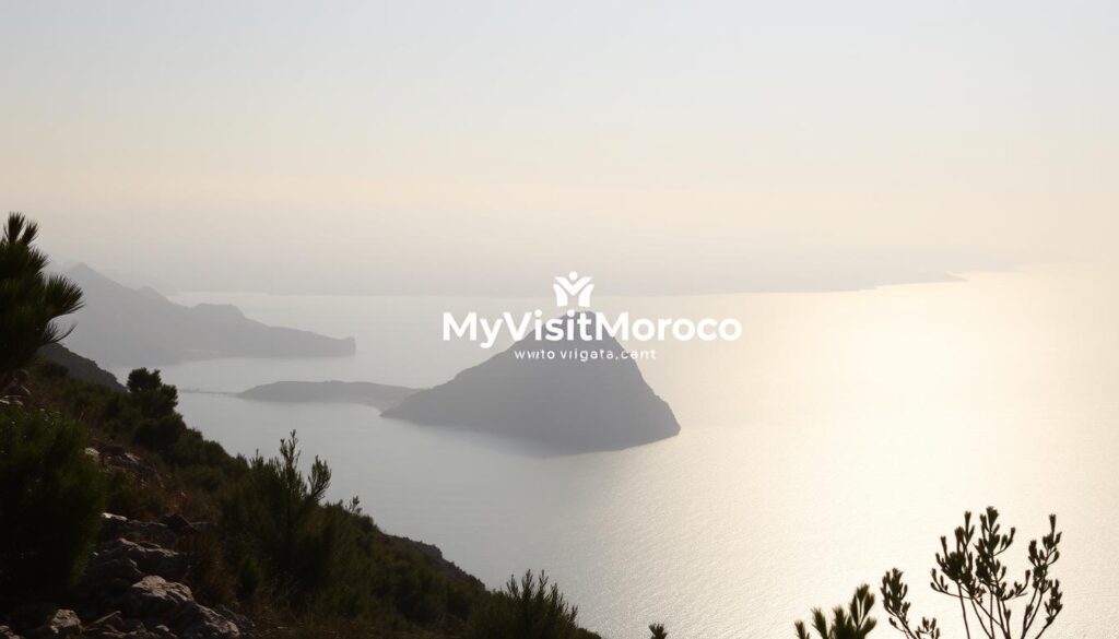 A scenic vista of the Strait of Gibraltar, with the majestic Atlas Mountains of Morocco visible in the distance across the shimmering waters. Warm, hazy sunlight bathes the scene, creating an atmospheric, almost dreamlike quality. In the foreground, rocky cliffs and lush Mediterranean vegetation frame the view, while in the middle ground, the iconic silhouette of the Rock of Gibraltar stands tall. The MyVisitMorocco logo is subtly incorporated into the landscape, complementing the natural beauty of the scene. A scenic vista of the Strait of Gibraltar, with the majestic Atlas Mountains of Morocco visible in the distance across the shimmering waters. Warm, hazy sunlight bathes the scene, creating an atmospheric, almost dreamlike quality. In the foreground, rocky cliffs and lush Mediterranean vegetation frame the view, while in the middle ground, the iconic silhouette of the Rock of Gibraltar stands tall. The MyVisitMorocco logo is subtly incorporated into the landscape, complementing the natural beauty of the scene.