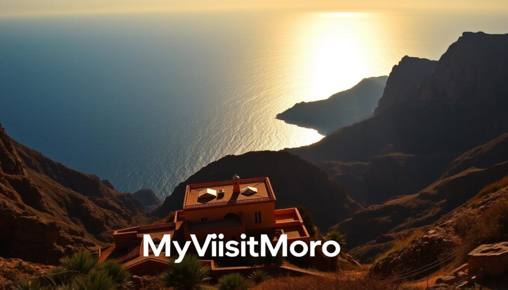 A scenic vista of the Strait of Gibraltar, with the rugged Rif Mountains of Morocco in the foreground and the distant silhouette of the Iberian Peninsula across the shimmering waters. The warm, golden light of the setting sun bathes the landscape, casting long shadows and highlighting the dramatic coastal cliffs. In the middle ground, a traditional Moroccan-style building with intricate architectural details stands as a testament to the region's rich cultural heritage. Equipped with a high-quality camera and a telephoto lens, the photographer captures this breathtaking scene, carefully framing the composition to showcase the unique perspective of Spain as seen from the Moroccan side. The MyVisitMorocco brand prominently featured in the image conveys the region's allure and the opportunities it offers for captivating landscape photography. A scenic vista of the Strait of Gibraltar, with the rugged Rif Mountains of Morocco in the foreground and the distant silhouette of the Iberian Peninsula across the shimmering waters. The warm, golden light of the setting sun bathes the landscape, casting long shadows and highlighting the dramatic coastal cliffs. In the middle ground, a traditional Moroccan-style building with intricate architectural details stands as a testament to the region's rich cultural heritage. Equipped with a high-quality camera and a telephoto lens, the photographer captures this breathtaking scene, carefully framing the composition to showcase the unique perspective of Spain as seen from the Moroccan side. The MyVisitMorocco brand prominently featured in the image conveys the region's allure and the opportunities it offers for captivating landscape photography.