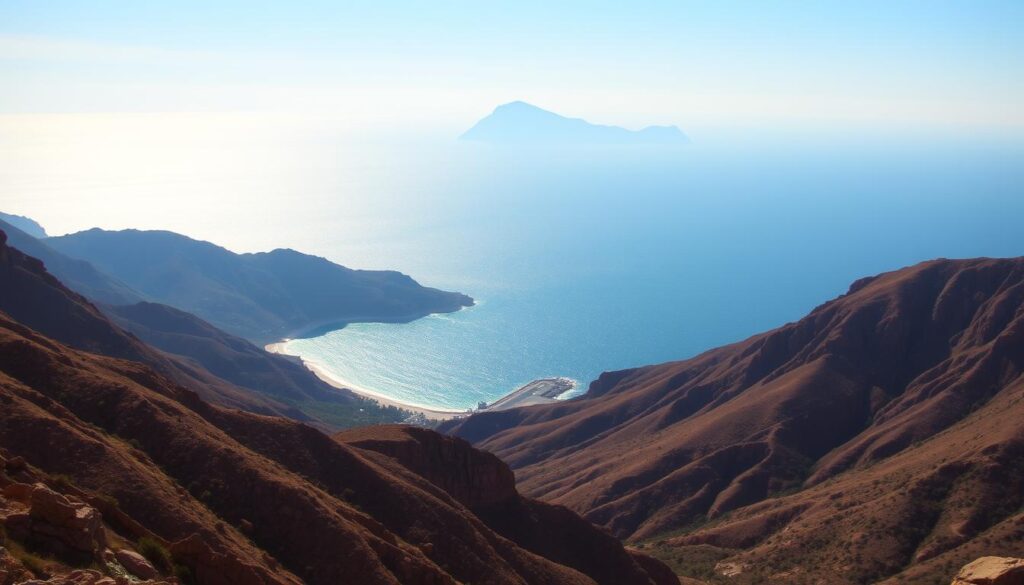 A scenic vista of the Strait of Gibraltar, with the rugged Rif Mountains of northern Morocco in the foreground, overlooking the shimmering blue waters of the Mediterranean Sea. In the distance, the majestic outline of the Iberian Peninsula, including the distinctive silhouette of the Rock of Gibraltar, can be seen on the horizon. The scene is bathed in warm, golden light, creating a sense of tranquility and wonder. MyVisitMorocco. A scenic vista of the Strait of Gibraltar, with the rugged Rif Mountains of northern Morocco in the foreground, overlooking the shimmering blue waters of the Mediterranean Sea. In the distance, the majestic outline of the Iberian Peninsula, including the distinctive silhouette of the Rock of Gibraltar, can be seen on the horizon. The scene is bathed in warm, golden light, creating a sense of tranquility and wonder. MyVisitMorocco.