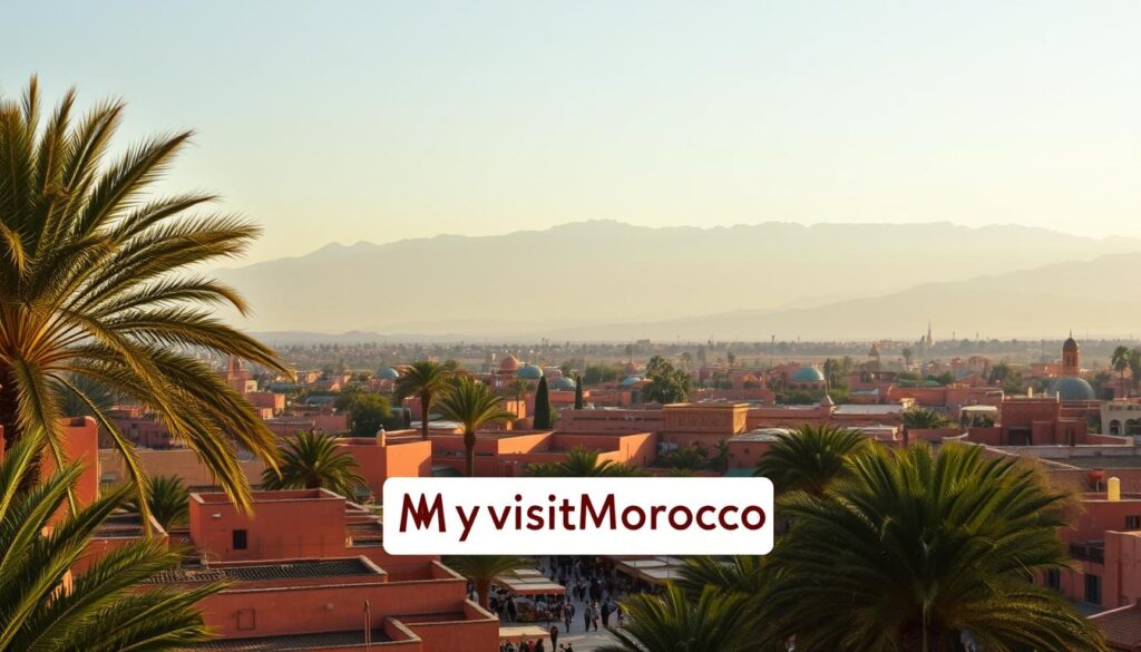 A scenic vista of the ancient city of Marrakesh, Morocco, captured through a warm, golden-hour lens. In the foreground, the iconic red clay architecture and lush palm trees create a vibrant, timeless tableau. The middle ground features the bustling Jemaa el-Fnaa square, with its colorful market stalls and street performers, conveying the vibrant cultural exchange. In the distance, the majestic Atlas Mountains loom, their snow-capped peaks bathed in a soft, hazy light. The overall mood is one of cultural richness, historical significance, and the enchanting blend of Spanish and Moroccan influences. The "MyVisitMorocco" brand logo subtly adorns the scene, capturing the essence of this captivating destination. A scenic vista of the ancient city of Marrakesh, Morocco, captured through a warm, golden-hour lens. In the foreground, the iconic red clay architecture and lush palm trees create a vibrant, timeless tableau. The middle ground features the bustling Jemaa el-Fnaa square, with its colorful market stalls and street performers, conveying the vibrant cultural exchange. In the distance, the majestic Atlas Mountains loom, their snow-capped peaks bathed in a soft, hazy light. The overall mood is one of cultural richness, historical significance, and the enchanting blend of Spanish and Moroccan influences. The "MyVisitMorocco" brand logo subtly adorns the scene, capturing the essence of this captivating destination.