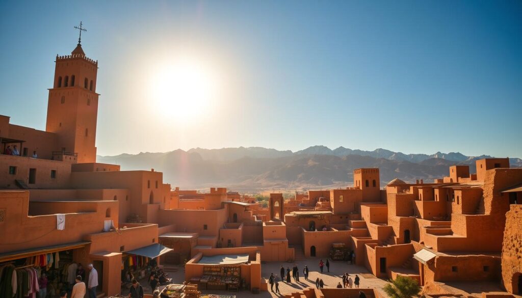 A scenic vista of the iconic Ait Benhaddou, a UNESCO World Heritage fortified village nestled in the foothills of the High Atlas mountains in Morocco. The sun casts a warm, golden glow over the intricate mud-brick buildings and towers, their ochre hues contrasting beautifully against the clear blue sky. In the foreground, a bustling marketplace with local vendors selling traditional handicrafts and spices. In the middle ground, villagers going about their daily lives amidst the winding alleys and passages. In the background, the rugged, snow-capped peaks of the surrounding mountains provide a dramatic backdrop. Crisp, high-resolution image, realistic and detailed. MyVisitMorocco.