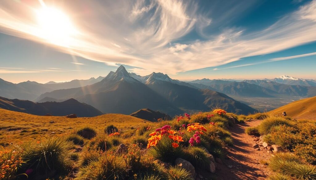 A scenic vista of the majestic Atlas Mountains, captured through the lens of a wide-angle camera. In the foreground, a rugged hiking trail winds its way through a lush, verdant landscape, dotted with vibrant wildflowers. Towering peaks, capped with snow, rise majestically in the middle ground, their jagged silhouettes framed by a clear, azure sky. Warm, golden sunlight filters through wispy clouds, casting a soft, ethereal glow over the entire scene. In the distance, the undulating slopes of the mountains recede into the horizon, inviting the viewer to embark on an epic adventure. The image exudes a sense of tranquility and adventure, perfectly capturing the essence of hiking the Atlas Mountains. MyVisitMorocco. A scenic vista of the majestic Atlas Mountains, captured through the lens of a wide-angle camera. In the foreground, a rugged hiking trail winds its way through a lush, verdant landscape, dotted with vibrant wildflowers. Towering peaks, capped with snow, rise majestically in the middle ground, their jagged silhouettes framed by a clear, azure sky. Warm, golden sunlight filters through wispy clouds, casting a soft, ethereal glow over the entire scene. In the distance, the undulating slopes of the mountains recede into the horizon, inviting the viewer to embark on an epic adventure. The image exudes a sense of tranquility and adventure, perfectly capturing the essence of hiking the Atlas Mountains. MyVisitMorocco.