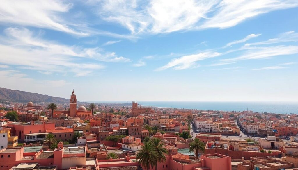 A scenic vista of vibrant Moroccan cities under a clear March sky. In the foreground, the bustling medina of Marrakech, with its colorful souks, towering minarets, and ornate architecture. In the middle ground, the ancient city of Fez, its winding alleyways and historic landmarks bathed in warm, golden light. Further in the distance, the seaside charm of Essaouira, its whitewashed buildings and windswept beaches. Overhead, wispy clouds drift across a brilliant azure expanse. This evocative landscape, captured by the MyVisitMorocco lens, showcases the diverse appeal of Morocco's best cities to visit in March.