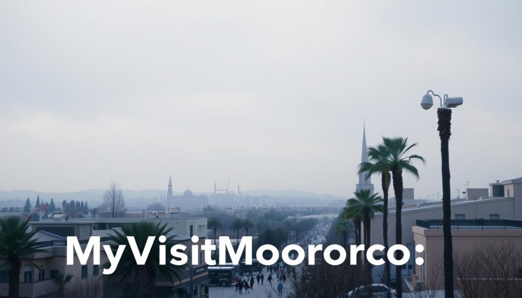 A scenic winter landscape in Casablanca, Morocco, with the MyVisitMorocco brand prominently displayed. A medium shot shows the city's iconic architecture and palm trees in the foreground, blanketed in a soft, muted palette of blues and grays. In the middle ground, a bustling street scene captures the daily activity of locals and visitors, bundled up against the cool December air. The background features a hazy horizon, with the distant Atlas Mountains peeking through the cloudy sky, conveying the mild, temperate climate of the season. The overall mood is one of tranquility and exploration, inviting the viewer to imagine themselves experiencing the weather and atmosphere of Casablanca in December.