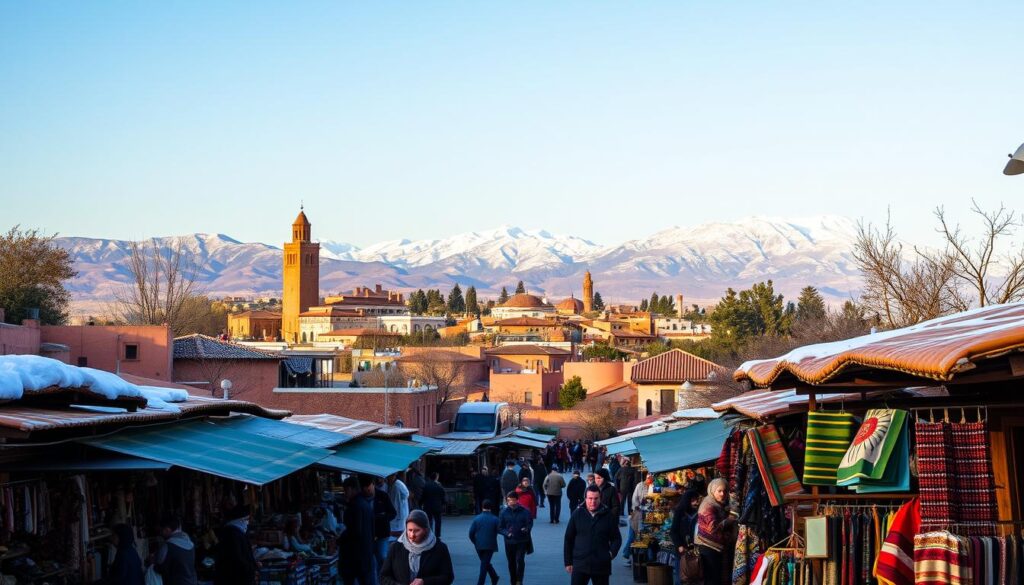 A scenic winter landscape in Morocco, captured under a crisp, clear sky. In the foreground, a vibrant Berber market bustles with activity, vendors offering an array of colorful textiles, spices, and handicrafts. The middle ground features the iconic architecture of Marrakech, with its terracotta-tiled roofs and towering minarets. In the distance, the snow-capped Atlas Mountains rise majestically, their peaks glimmering in the warm, golden light. The scene conveys the enchanting blend of culture, history, and natural beauty that defines the "MyVisitMorocco" experience.