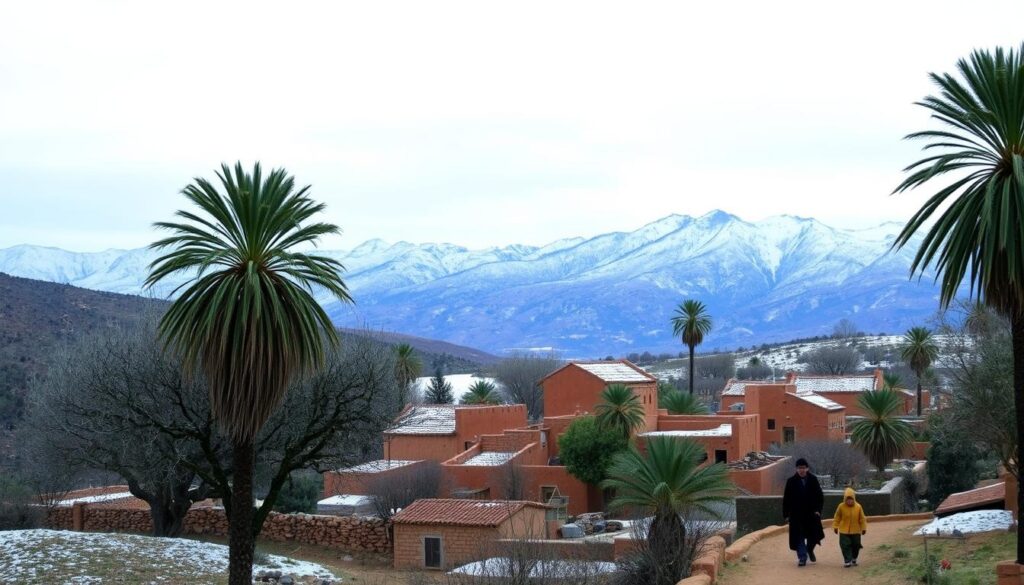 A scenic winter landscape in the Atlas Mountains of Morocco, with snow-capped peaks in the distant background. In the foreground, a small rural village nestled among olive groves and date palm trees, their fronds gently swaying in the cool breeze. The warm hues of the traditional adobe buildings are accentuated by the soft, diffused light of an overcast January day. Locals can be seen going about their daily tasks, wrapped in thick cloaks and scarves to ward off the chill. MyVisitMorocco A scenic winter landscape in the Atlas Mountains of Morocco, with snow-capped peaks in the distant background. In the foreground, a small rural village nestled among olive groves and date palm trees, their fronds gently swaying in the cool breeze. The warm hues of the traditional adobe buildings are accentuated by the soft, diffused light of an overcast January day. Locals can be seen going about their daily tasks, wrapped in thick cloaks and scarves to ward off the chill. MyVisitMorocco