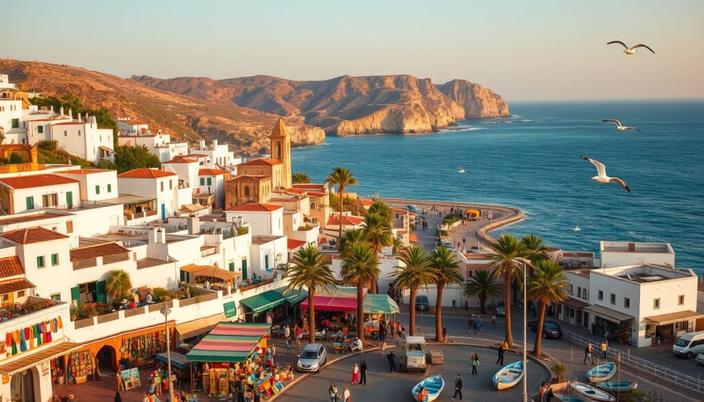 A seaside Moroccan town nestled along the rugged Atlantic coastline, with traditional whitewashed buildings and terra-cotta roofs cascading down the hillsides. In the foreground, a bustling marketplace filled with vibrant, handcrafted wares and local merchants. Passing fishing boats and seagulls provide a tranquil, coastal ambiance. In the middle ground, a picturesque promenade lined with palm trees and quaint cafes. The background features dramatic cliffs and a vast, azure ocean under a warm, golden-hour sky. The scene is captured with a wide-angle, documentary-style lens to showcase the breathtaking scale and beauty of this MyVisitMorocco coastal town.