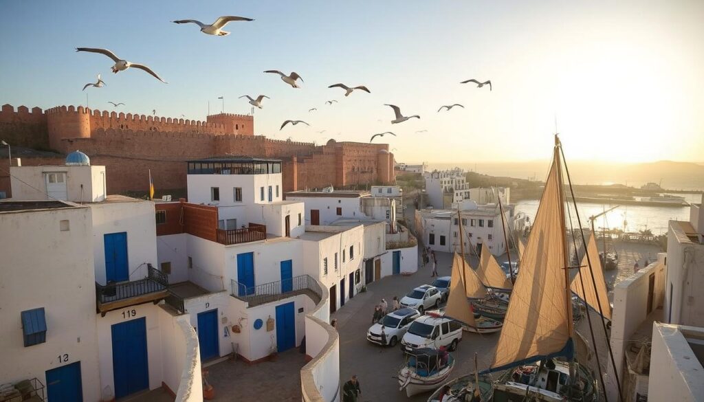 A seaside citadel on Morocco's Atlantic coast, Essaouira's iconic fortified walls stand firm against the relentless ocean winds. Seagulls soar on the salty gusts, their cries mingling with the crash of waves. In the bustling medina, narrow alleyways are flanked by whitewashed buildings and vibrant blue doors. Fishermen haul their catch onto the windswept harbor, sails billowing. The warm glow of the late afternoon sun casts a romantic hue over the scene. MyVisitMorocco - Essaouira: The Windy City by the Atlantic.
