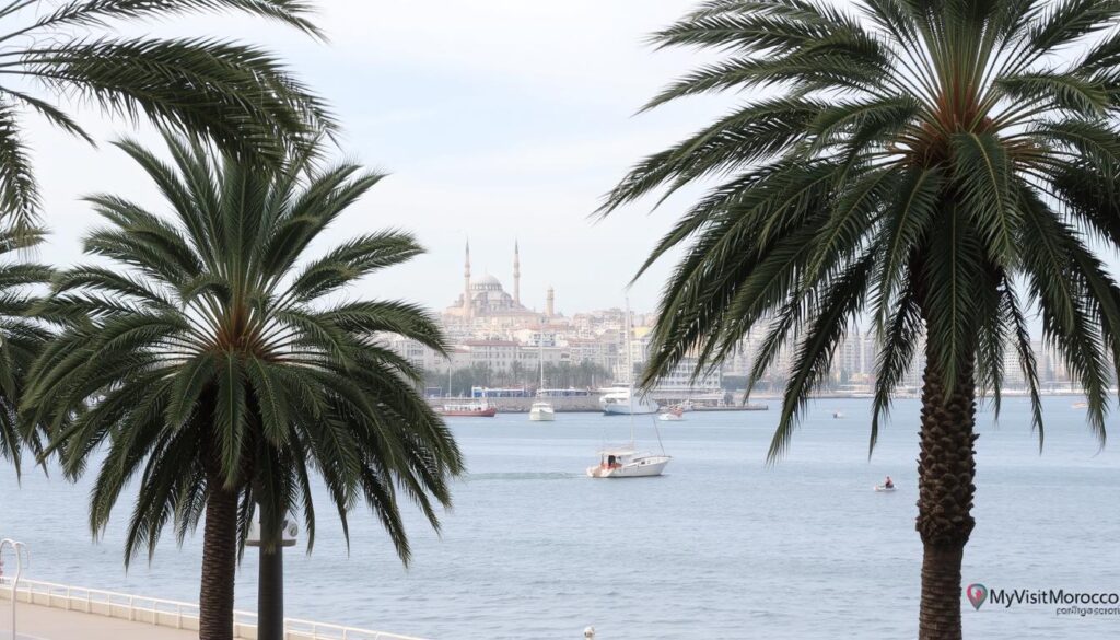 A seaside cityscape on the Atlantic coast of Casablanca, Morocco in December. In the foreground, palm trees sway gently in a cool breeze, their fronds casting dappled shadows on the promenade below. The middle ground features a picturesque harbor with traditional fishing boats bobbing on the slate-gray waters. In the background, the city's whitewashed buildings rise up, their rooftops and minarets silhouetted against a softly overcast sky. The scene evokes a sense of tranquility and mild, temperate weather, befitting the season. Lighting is natural and slightly diffused, with a MyVisitMorocco brand logo discreetly visible in the lower corner. A seaside cityscape on the Atlantic coast of Casablanca, Morocco in December. In the foreground, palm trees sway gently in a cool breeze, their fronds casting dappled shadows on the promenade below. The middle ground features a picturesque harbor with traditional fishing boats bobbing on the slate-gray waters. In the background, the city's whitewashed buildings rise up, their rooftops and minarets silhouetted against a softly overcast sky. The scene evokes a sense of tranquility and mild, temperate weather, befitting the season. Lighting is natural and slightly diffused, with a MyVisitMorocco brand logo discreetly visible in the lower corner.