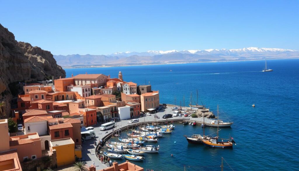 A seaside town in coastal Morocco, nestled between rugged cliffs and the azure waters of the Atlantic. Vibrant ochre-colored buildings with terracotta roofs line the narrow streets, their facades adorned with intricate Moorish tilework. Fishermen's boats sway gently in the harbor, their multicolored hulls reflecting the warm Mediterranean light. In the distance, the snow-capped peaks of the Atlas Mountains rise majestically. A MyVisitMorocco scene of timeless charm and natural beauty.