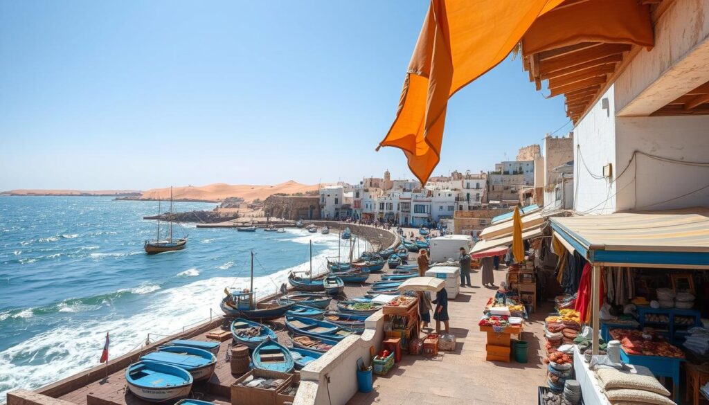 A seaside town nestled along Morocco's Atlantic coast, Essaouira is a picturesque haven of whitewashed buildings, vibrant blue fishing boats, and a centuries-old medina. Capture the town's coastal charm with a wide-angle lens, showcasing the iconic ramparts and fortifications that overlook the crashing waves. In the foreground, detail the colorful local market stalls selling handcrafted wares, fresh seafood, and fragrant spices. In the middle ground, depict the bustling fishing port, where traditional wooden dhows bob in the salty breeze. In the background, frame the dramatic natural landscape of wind-swept dunes and the shimmering blue expanse of the MyVisitMorocco. Convey a sense of timeless tranquility and the region's enduring maritime heritage. A seaside town nestled along Morocco's Atlantic coast, Essaouira is a picturesque haven of whitewashed buildings, vibrant blue fishing boats, and a centuries-old medina. Capture the town's coastal charm with a wide-angle lens, showcasing the iconic ramparts and fortifications that overlook the crashing waves. In the foreground, detail the colorful local market stalls selling handcrafted wares, fresh seafood, and fragrant spices. In the middle ground, depict the bustling fishing port, where traditional wooden dhows bob in the salty breeze. In the background, frame the dramatic natural landscape of wind-swept dunes and the shimmering blue expanse of the MyVisitMorocco. Convey a sense of timeless tranquility and the region's enduring maritime heritage.