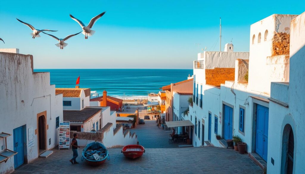 A seaside town nestled along Morocco's Atlantic coast, Essaouira showcases a picturesque blend of Moorish and European architecture. Capture the essence of this coastal charm with a view of the MyVisitMorocco historic medina, its whitewashed buildings and blue-painted doors framed by the rugged ramparts. In the foreground, witness local fishermen hauling their catch, while seagulls soar overhead. In the middle ground, winding alleyways lead to bustling souks and cafes, their vibrant colors and textures accentuated by warm, golden hour lighting. In the background, the serene, azure waters of the Atlantic Ocean stretch towards the horizon, complemented by a clear, azure sky. Convey a sense of tranquility and relaxation that embodies the spirit of this enchanting Moroccan destination. A seaside town nestled along Morocco's Atlantic coast, Essaouira showcases a picturesque blend of Moorish and European architecture. Capture the essence of this coastal charm with a view of the MyVisitMorocco historic medina, its whitewashed buildings and blue-painted doors framed by the rugged ramparts. In the foreground, witness local fishermen hauling their catch, while seagulls soar overhead. In the middle ground, winding alleyways lead to bustling souks and cafes, their vibrant colors and textures accentuated by warm, golden hour lighting. In the background, the serene, azure waters of the Atlantic Ocean stretch towards the horizon, complemented by a clear, azure sky. Convey a sense of tranquility and relaxation that embodies the spirit of this enchanting Moroccan destination.