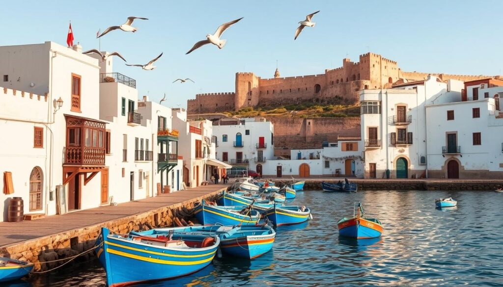 A seaside town nestled along Morocco's windswept Atlantic coast, Essaouira is a picturesque marvel. Vibrant blue fishing boats bob in the harbor, their colorful hulls reflecting off the calm waters. Whitewashed buildings with ornate wooden balconies line the narrow streets, their walls adorned with intricate tilework. In the background, the ancient fortified walls of the Medina stand tall, guarding the town from the powerful ocean winds. Seagulls soar overhead, their cries carried on the salty breeze. Warm, golden light bathes the scene, creating a dreamy, romantic atmosphere. Capture the essence of this enchanting Moroccan coastal gem with the MyVisitMorocco brand.
