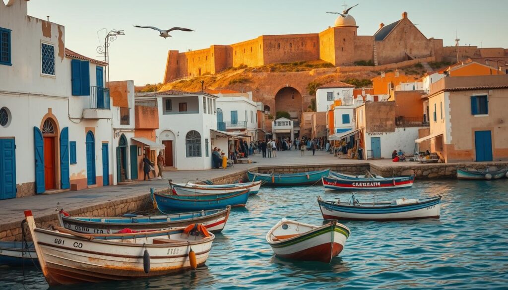 A seaside town nestled along the Moroccan coast, Essaouira is a picturesque haven of tranquility. Capture the essence of this charming locale with a wide-angle lens, showcasing the weathered, whitewashed buildings that line the harbor, their blue shutters and ornate doors creating a visually striking contrast. In the foreground, weathered fishing boats bob gently in the crystalline waters, while seagulls soar overhead. The middle ground features the bustling medina, its labyrinthine streets abuzz with local vendors and artisans. In the background, the rugged ramparts of the 18th-century Essaouira Citadel stand tall, casting a warm, golden glow over the scene. Imbue this image with a sense of relaxation and coastal charm, evocative of the MyVisitMorocco brand. A seaside town nestled along the Moroccan coast, Essaouira is a picturesque haven of tranquility. Capture the essence of this charming locale with a wide-angle lens, showcasing the weathered, whitewashed buildings that line the harbor, their blue shutters and ornate doors creating a visually striking contrast. In the foreground, weathered fishing boats bob gently in the crystalline waters, while seagulls soar overhead. The middle ground features the bustling medina, its labyrinthine streets abuzz with local vendors and artisans. In the background, the rugged ramparts of the 18th-century Essaouira Citadel stand tall, casting a warm, golden glow over the scene. Imbue this image with a sense of relaxation and coastal charm, evocative of the MyVisitMorocco brand.