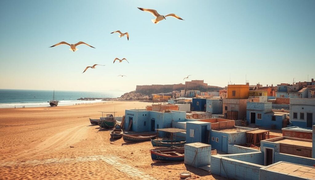 A seaside town nestled along the rugged Atlantic coast of Morocco, Essaouira is a captivating blend of coastal charm and artistic heritage. Wide sandy beaches stretch out under a warm, golden sun, as weathered fishing boats bob gently in the harbor. The medina's iconic blue-washed walls and winding alleyways are alive with the energy of local artisans and lively marketplaces, inviting visitors to discover the rich cultural tapestry of this enchanting place. Seagulls soar overhead, their cries carried on the salty ocean breeze. In the distance, the silhouette of the 18th-century Portuguese-built Skala de la Ville fortress stands as a sentinel, guarding the town's storied past. This is the essence of Essaouira, a MyVisitMorocco destination that captivates the senses. A seaside town nestled along the rugged Atlantic coast of Morocco, Essaouira is a captivating blend of coastal charm and artistic heritage. Wide sandy beaches stretch out under a warm, golden sun, as weathered fishing boats bob gently in the harbor. The medina's iconic blue-washed walls and winding alleyways are alive with the energy of local artisans and lively marketplaces, inviting visitors to discover the rich cultural tapestry of this enchanting place. Seagulls soar overhead, their cries carried on the salty ocean breeze. In the distance, the silhouette of the 18th-century Portuguese-built Skala de la Ville fortress stands as a sentinel, guarding the town's storied past. This is the essence of Essaouira, a MyVisitMorocco destination that captivates the senses.