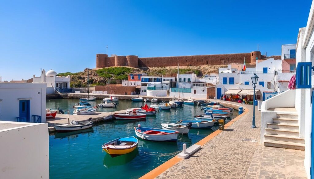A seaside town nestled along the windswept Moroccan coast, Essaouira stands as a picturesque fusion of cultural charm and natural beauty. Wide, sun-dappled streets are flanked by whitewashed buildings with vibrant blue accents, their façades casting long shadows across the cobblestone alleys. In the bustling harbor, colorful fishing boats bob gently in the crystalline waters, their masts swaying in the salty breeze. Overlooking this scene, the iconic 18th-century fortress walls rise majestically, their weathered stone evoking a timeless sense of history. MyVisitMorocco A seaside town nestled along the windswept Moroccan coast, Essaouira stands as a picturesque fusion of cultural charm and natural beauty. Wide, sun-dappled streets are flanked by whitewashed buildings with vibrant blue accents, their façades casting long shadows across the cobblestone alleys. In the bustling harbor, colorful fishing boats bob gently in the crystalline waters, their masts swaying in the salty breeze. Overlooking this scene, the iconic 18th-century fortress walls rise majestically, their weathered stone evoking a timeless sense of history. MyVisitMorocco