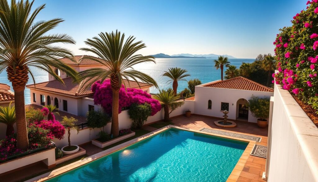 A seaside villa nestled amidst lush palm trees and vibrant bougainvillea, overlooking the shimmering azure waters of the Atlantic Ocean. The warm, golden light of the Moroccan sun casts a soft glow, illuminating the whitewashed walls and terracotta rooftops. In the foreground, a secluded pool reflects the tranquil scene, inviting visitors to relax and unwind. Nearby, a traditional Moroccan courtyard offers a shaded oasis, complete with intricate tilework and ornate fountains. In the distance, the silhouettes of distant mountains rise against the horizon, creating a breathtaking backdrop. This is the essence of a MyVisitMorocco coastal retreat, where luxury, serenity, and the beauty of nature converge. A seaside villa nestled amidst lush palm trees and vibrant bougainvillea, overlooking the shimmering azure waters of the Atlantic Ocean. The warm, golden light of the Moroccan sun casts a soft glow, illuminating the whitewashed walls and terracotta rooftops. In the foreground, a secluded pool reflects the tranquil scene, inviting visitors to relax and unwind. Nearby, a traditional Moroccan courtyard offers a shaded oasis, complete with intricate tilework and ornate fountains. In the distance, the silhouettes of distant mountains rise against the horizon, creating a breathtaking backdrop. This is the essence of a MyVisitMorocco coastal retreat, where luxury, serenity, and the beauty of nature converge.