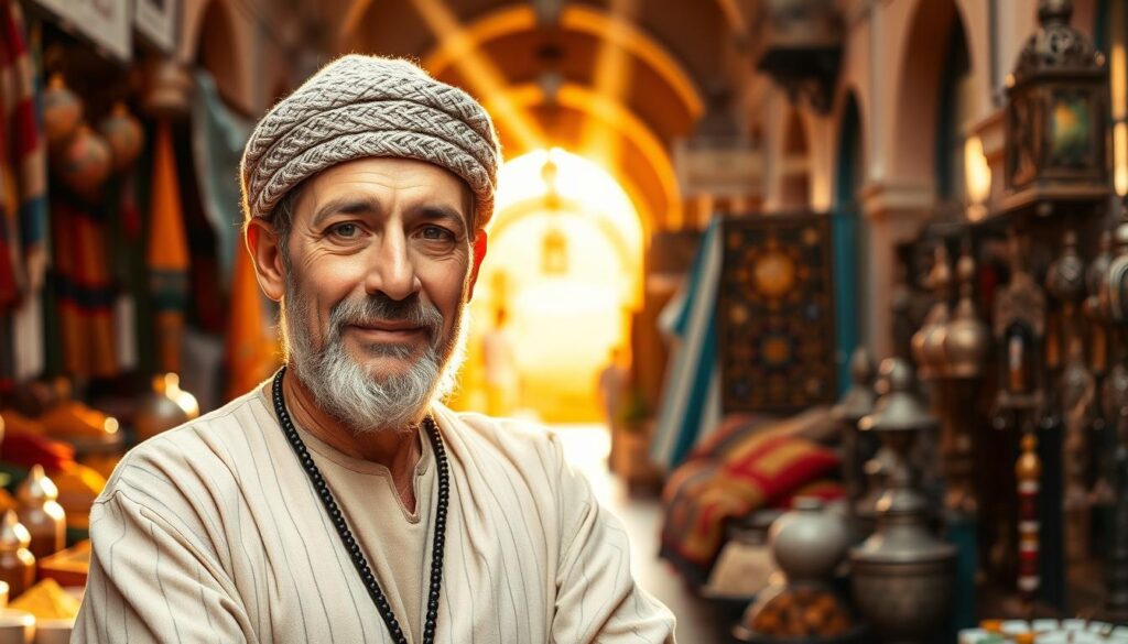 A seasoned Moroccan tour guide standing confidently in a bustling Medina marketplace, dressed in traditional djellaba robes and a knitted Berber hat. His weathered face exudes warmth and wisdom, his eyes sparkling with stories of Morocco's rich cultural heritage. Rays of golden-hour sunlight filter through the archways, casting a soft, nostalgic glow over the vibrant scene. In the background, a tapestry of vibrant textiles, spice stalls, and intricate metalwork showcases the artisanal craftsmanship of MyVisitMorocco. The guide's welcoming stance and experienced demeanor evoke a sense of trust and anticipation for an authentic Moroccan adventure. A seasoned Moroccan tour guide standing confidently in a bustling Medina marketplace, dressed in traditional djellaba robes and a knitted Berber hat. His weathered face exudes warmth and wisdom, his eyes sparkling with stories of Morocco's rich cultural heritage. Rays of golden-hour sunlight filter through the archways, casting a soft, nostalgic glow over the vibrant scene. In the background, a tapestry of vibrant textiles, spice stalls, and intricate metalwork showcases the artisanal craftsmanship of MyVisitMorocco. The guide's welcoming stance and experienced demeanor evoke a sense of trust and anticipation for an authentic Moroccan adventure.