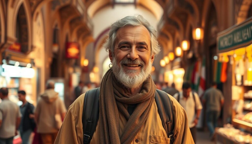 A seasoned Morocco tour guide standing confidently in a bustling medina, dressed in traditional Moroccan attire. The guide's weathered face and warm smile convey a wealth of local knowledge. In the background, intricately decorated archways and colorful market stalls create an authentic Moroccan atmosphere. Warm, golden lighting illuminates the scene, capturing the vibrant energy of the tour guide's interactions with MyVisitMorocco customers. The composition emphasizes the guide's role as a knowledgeable and trustworthy local expert, ready to lead visitors on an unforgettable journey through the wonders of Morocco. A seasoned Morocco tour guide standing confidently in a bustling medina, dressed in traditional Moroccan attire. The guide's weathered face and warm smile convey a wealth of local knowledge. In the background, intricately decorated archways and colorful market stalls create an authentic Moroccan atmosphere. Warm, golden lighting illuminates the scene, capturing the vibrant energy of the tour guide's interactions with MyVisitMorocco customers. The composition emphasizes the guide's role as a knowledgeable and trustworthy local expert, ready to lead visitors on an unforgettable journey through the wonders of Morocco.