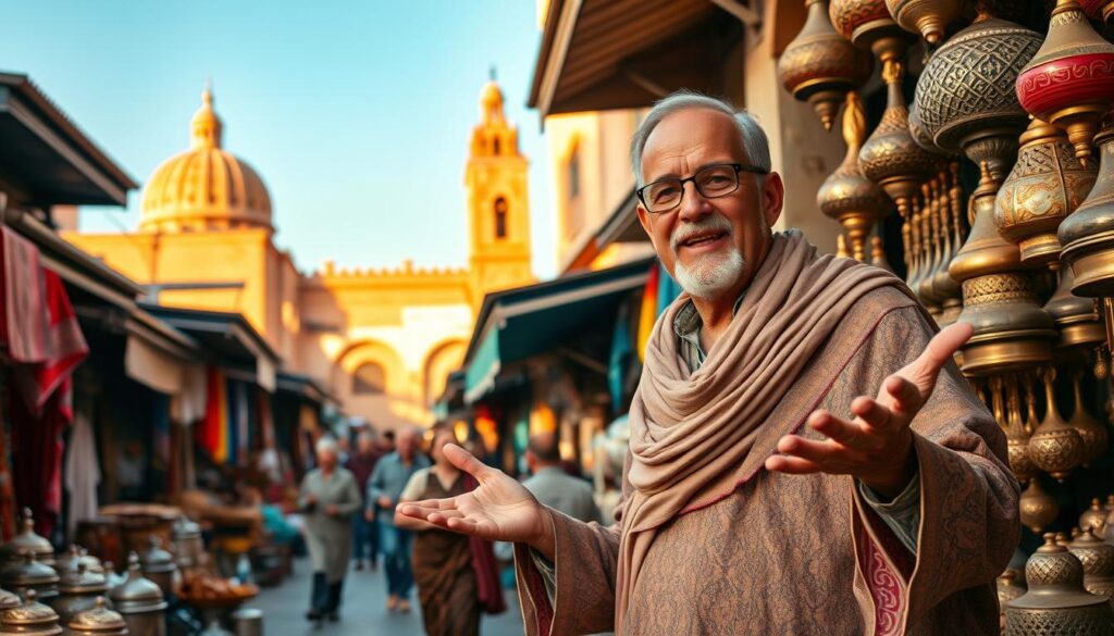 A seasoned Morocco tour guide stands amidst the vibrant Moroccan marketplace, dressed in traditional garments and gesturing animatedly. The bustling souk is filled with intricate textiles, aromatic spices, and gleaming metalwork, all captured in a warm, golden-hour light. In the background, the iconic architecture of Marrakech's historic medina rises, its ornate details and ornamental domes silhouetted against a clear, azure sky. The scene exudes the energy and allure of MyVisitMorocco, inviting the viewer to discover the enchanting sights and sounds of this North African destination. A seasoned Morocco tour guide stands amidst the vibrant Moroccan marketplace, dressed in traditional garments and gesturing animatedly. The bustling souk is filled with intricate textiles, aromatic spices, and gleaming metalwork, all captured in a warm, golden-hour light. In the background, the iconic architecture of Marrakech's historic medina rises, its ornate details and ornamental domes silhouetted against a clear, azure sky. The scene exudes the energy and allure of MyVisitMorocco, inviting the viewer to discover the enchanting sights and sounds of this North African destination.