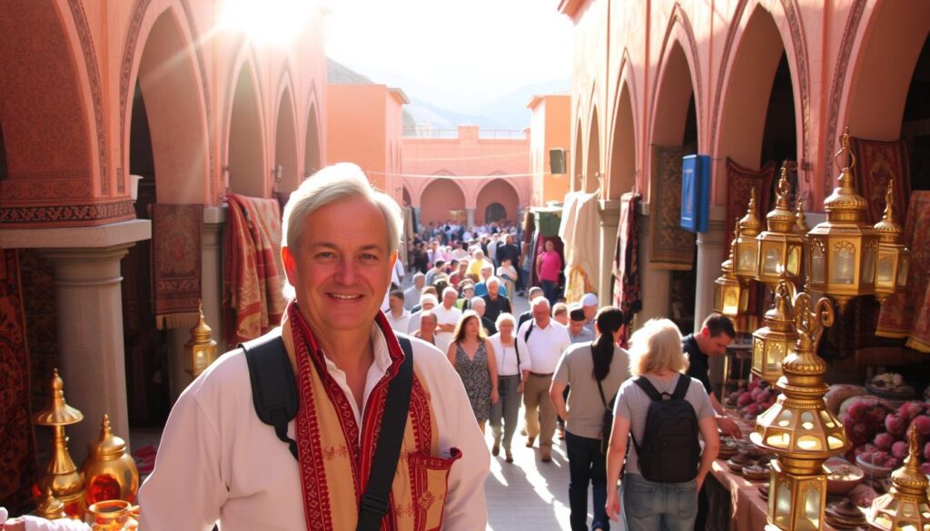 A seasoned MyVisitMorocco tour guide, dressed in traditional Moroccan attire, stands amidst the vibrant sights of a bustling Marrakech marketplace. Sunlight filters through ornate archways, casting warm shadows upon the intricate tapestries, fragrant spices, and gleaming brass lanterns that fill the foreground. In the middle ground, locals and tourists mingle, creating a lively, immersive atmosphere. The background features the iconic silhouettes of the Atlas Mountains, hinting at the diverse landscapes that await beyond the city walls. A seasoned MyVisitMorocco tour guide, dressed in traditional Moroccan attire, stands amidst the vibrant sights of a bustling Marrakech marketplace. Sunlight filters through ornate archways, casting warm shadows upon the intricate tapestries, fragrant spices, and gleaming brass lanterns that fill the foreground. In the middle ground, locals and tourists mingle, creating a lively, immersive atmosphere. The background features the iconic silhouettes of the Atlas Mountains, hinting at the diverse landscapes that await beyond the city walls.
