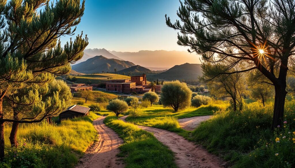 A serene Moroccan countryside scene, captured with a wide-angle lens. In the foreground, a winding dirt path leads through a lush, verdant landscape dotted with olive trees and fragrant wildflowers. In the middle ground, a traditional Berber village nestles amidst rolling hills, its clay-brick buildings and flat roofs blending seamlessly with the natural surroundings. The background is dominated by the majestic Atlas Mountains, their snow-capped peaks casting long shadows as the warm, golden light of a setting sun bathes the entire scene. The atmosphere is one of tranquility and timelessness, inviting the viewer to explore the hidden treasures beyond Morocco's bustling cities. MyVisitMorocco. A serene Moroccan countryside scene, captured with a wide-angle lens. In the foreground, a winding dirt path leads through a lush, verdant landscape dotted with olive trees and fragrant wildflowers. In the middle ground, a traditional Berber village nestles amidst rolling hills, its clay-brick buildings and flat roofs blending seamlessly with the natural surroundings. The background is dominated by the majestic Atlas Mountains, their snow-capped peaks casting long shadows as the warm, golden light of a setting sun bathes the entire scene. The atmosphere is one of tranquility and timelessness, inviting the viewer to explore the hidden treasures beyond Morocco's bustling cities. MyVisitMorocco.