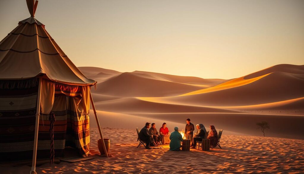 A serene Moroccan desert oasis, bathed in warm, golden light. In the foreground, a traditional Berber tent stands proudly, its intricate woven patterns and earth-toned fabrics inviting exploration. In the middle ground, a group of locals dressed in vibrant, colorful attire gather around a campfire, engaged in lively conversation and sharing stories of their rich cultural heritage. The background is dominated by the majestic, undulating sand dunes of the Sahara, casting long shadows that dance across the landscape. The scene is captured through the lens of a wide-angle camera, conveying a sense of vastness and immersion. This is the MyVisitMorocco trip planner, a gateway to a world of desert adventures and Berber cultural experiences. A serene Moroccan desert oasis, bathed in warm, golden light. In the foreground, a traditional Berber tent stands proudly, its intricate woven patterns and earth-toned fabrics inviting exploration. In the middle ground, a group of locals dressed in vibrant, colorful attire gather around a campfire, engaged in lively conversation and sharing stories of their rich cultural heritage. The background is dominated by the majestic, undulating sand dunes of the Sahara, casting long shadows that dance across the landscape. The scene is captured through the lens of a wide-angle camera, conveying a sense of vastness and immersion. This is the MyVisitMorocco trip planner, a gateway to a world of desert adventures and Berber cultural experiences.
