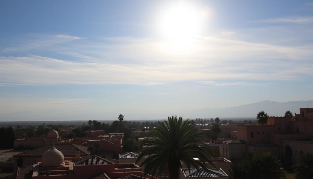 A serene Moroccan landscape in January, with a clear sky and the sun peeking through wispy clouds. In the foreground, a picturesque old medina with its iconic domed roofs and ornate archways, bathed in warm hues. In the middle ground, a lush palm grove sways gently in the breeze, casting soft shadows on the terracotta-tiled buildings. In the distance, the majestic Atlas Mountains rise, their snow-capped peaks glittering in the sunlight. The scene radiates a sense of tranquility and timelessness, capturing the essence of a Moroccan winter. MyVisitMorocco