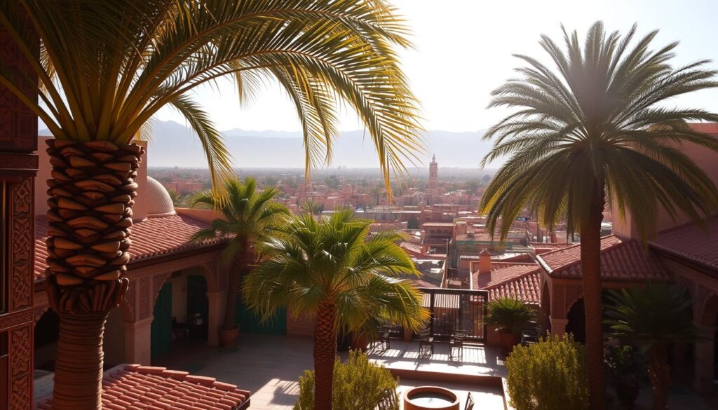 A serene Moroccan landscape in early spring, bathed in warm afternoon sunlight. In the foreground, a traditional riad with its iconic terracotta roof tiles and intricate carved wooden details. Lush, verdant palm trees sway gently in the breeze, casting soft shadows across the sun-dappled courtyard. In the middle ground, the bustling medina of Marrakech comes into view, its labyrinth of narrow alleyways and vibrant market stalls. Beyond, the majestic Atlas Mountains stand tall, their snow-capped peaks glowing in the fading light. The scene evokes a sense of tranquility and timelessness, perfectly capturing the unique character of Morocco in March. MyVisitMorocco