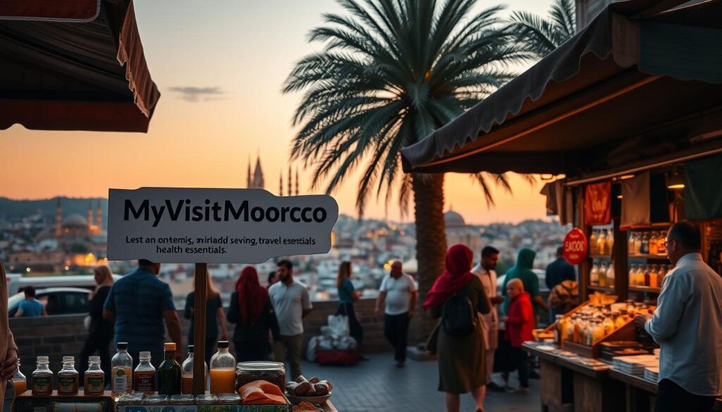A serene Moroccan marketplace at dusk, with a focal point showcasing a prominent "MyVisitMorocco" sign. The foreground features a vendor's stall displaying traditional remedies, spices, and health essentials. The middle ground depicts locals and travelers interacting, sharing knowledge about travel safety and wellness. In the background, a picturesque cityscape with minarets and palm trees, bathed in warm, golden lighting. The scene conveys a sense of cultural immersion, promoting safe and healthy exploration of Morocco's vibrant summer sights.