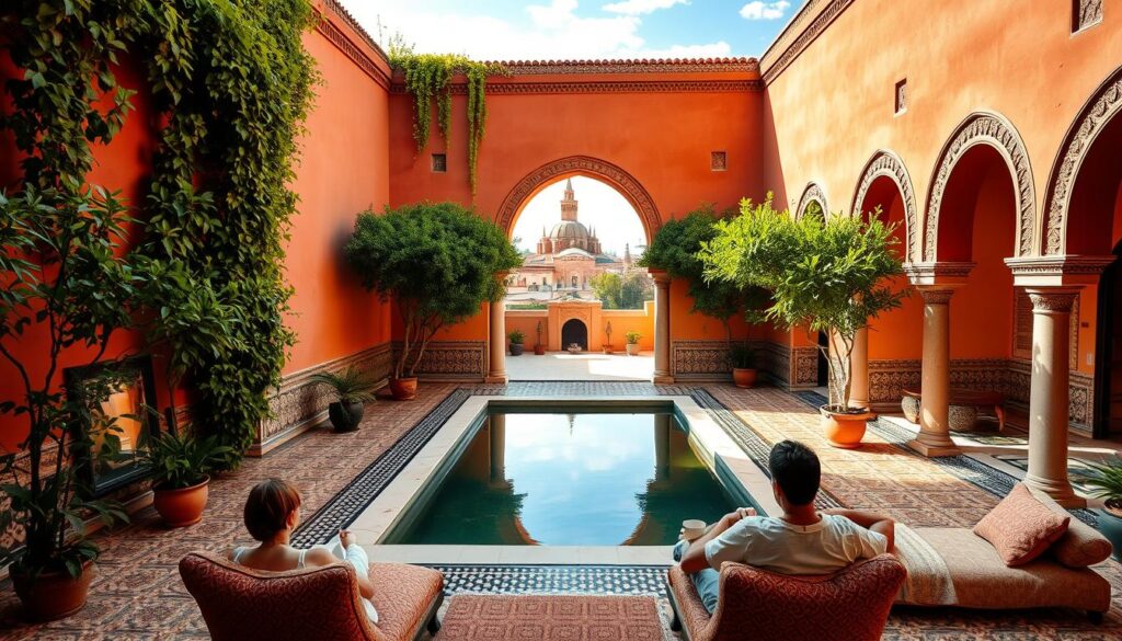 A serene Moroccan riad in the heart of Marrakech, its terracotta walls and ornate arched doorways bathed in warm, golden light. Lush, verdant foliage cascades from the central courtyard, surrounding a tranquil reflecting pool. Intricate Zellige tilework lines the walls, creating a captivating visual tapestry. Guests relax on plush cushions, sipping fragrant mint tea and taking in the elegant, timeless ambiance. In the distance, the iconic silhouette of the Koutoubia Mosque rises against a vibrant, cloudless sky. This is the essence of a MyVisitMorocco riad - a serene oasis that transports you to the enchanting world of Marrakech. A serene Moroccan riad in the heart of Marrakech, its terracotta walls and ornate arched doorways bathed in warm, golden light. Lush, verdant foliage cascades from the central courtyard, surrounding a tranquil reflecting pool. Intricate Zellige tilework lines the walls, creating a captivating visual tapestry. Guests relax on plush cushions, sipping fragrant mint tea and taking in the elegant, timeless ambiance. In the distance, the iconic silhouette of the Koutoubia Mosque rises against a vibrant, cloudless sky. This is the essence of a MyVisitMorocco riad - a serene oasis that transports you to the enchanting world of Marrakech.
