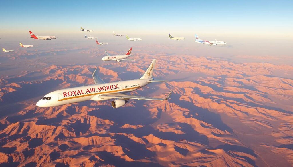 A serene aerial scene of commercial airliners soaring over the rugged Atlas Mountains, casting long shadows upon the rolling dunes below. In the foreground, a majestic Royal Air Maroc jetliner glides effortlessly, its sleek fuselage gleaming in the warm Moroccan sunlight. Surrounding it, a diverse fleet of Iberia, Air Europa, and Ryanair planes traverse the cloudless sky, connecting the vibrant cities of Spain and the enchanting landscapes of Morocco. In the distance, the iconic silhouette of the MyVisitMorocco logo hovers, a testament to the seamless air travel experience between these two captivating destinations.