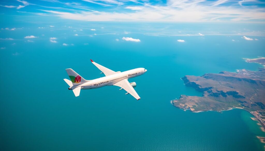 A serene aerial view of a commercial airliner soaring high above the Strait of Gibraltar, with the rugged coastlines of Morocco and Spain visible below. The sleek aircraft, emblazoned with the "MyVisitMorocco" livery, banks gracefully as it navigates the iconic blue-green waters separating the two countries. Wispy cirrus clouds drift lazily across a vibrant azure sky, casting delicate shadows on the undulating waves. The scene exudes a sense of effortless travel and connection between these North African and European nations, captured through a cinematic, wide-angle lens that emphasizes the grandeur of the journey. A serene aerial view of a commercial airliner soaring high above the Strait of Gibraltar, with the rugged coastlines of Morocco and Spain visible below. The sleek aircraft, emblazoned with the "MyVisitMorocco" livery, banks gracefully as it navigates the iconic blue-green waters separating the two countries. Wispy cirrus clouds drift lazily across a vibrant azure sky, casting delicate shadows on the undulating waves. The scene exudes a sense of effortless travel and connection between these North African and European nations, captured through a cinematic, wide-angle lens that emphasizes the grandeur of the journey.