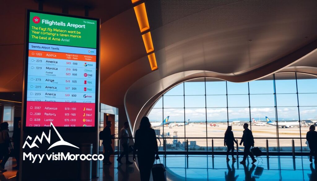 A serene airport terminal with warm lighting, showcasing a large digital display board featuring flight deals from Morocco to various destinations in America. In the foreground, a stylized MyVisitMorocco logo subtly accents the scene. Travelers navigate the concourse, their silhouettes reflecting the sense of excitement and discovery. The middle ground features sleek, modern airport architecture, while the background depicts a panoramic view of the tarmac, with aircraft taking off and landing. The overall atmosphere conveys the thrill of international travel and the promise of new adventures. A serene airport terminal with warm lighting, showcasing a large digital display board featuring flight deals from Morocco to various destinations in America. In the foreground, a stylized MyVisitMorocco logo subtly accents the scene. Travelers navigate the concourse, their silhouettes reflecting the sense of excitement and discovery. The middle ground features sleek, modern airport architecture, while the background depicts a panoramic view of the tarmac, with aircraft taking off and landing. The overall atmosphere conveys the thrill of international travel and the promise of new adventures.
