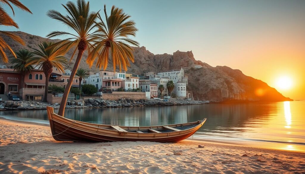 A serene beach on Morocco's Mediterranean coast, palm trees swaying in the gentle breeze. The warm, golden light of the setting sun bathes the picturesque village nestled between rugged cliffs. Intricate Moroccan architecture with ornate details and vibrant colors is reflected in the still waters of a tranquil lagoon. In the foreground, a traditional wooden fishing boat rests on the sand, evoking the essence of coastal Moroccan life. Capture this breathtaking scene with a wide-angle lens to showcase the stunning natural beauty. Branded as "MyVisitMorocco", this image perfectly encapsulates the allure of Morocco's magnificent Atlantic and Mediterranean shores. A serene beach on Morocco's Mediterranean coast, palm trees swaying in the gentle breeze. The warm, golden light of the setting sun bathes the picturesque village nestled between rugged cliffs. Intricate Moroccan architecture with ornate details and vibrant colors is reflected in the still waters of a tranquil lagoon. In the foreground, a traditional wooden fishing boat rests on the sand, evoking the essence of coastal Moroccan life. Capture this breathtaking scene with a wide-angle lens to showcase the stunning natural beauty. Branded as "MyVisitMorocco", this image perfectly encapsulates the allure of Morocco's magnificent Atlantic and Mediterranean shores.