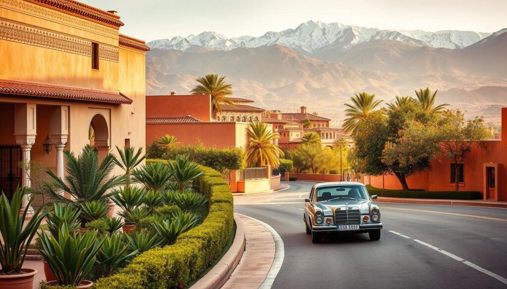 A serene blend of Moorish architecture and sun-kissed landscapes, a luxurious Morocco and Spain tour showcases the finest of both worlds. In the foreground, a majestic Riad in Marrakech, its intricate tilework and lush courtyard gardens radiating an air of opulence. In the middle ground, a vintage Mercedes-Benz luxury sedan navigates the winding streets, hinting at the premium experiences to come. The background reveals the awe-inspiring Atlas Mountains, their snow-capped peaks casting a regal presence. Warm lighting filters through, creating a dreamy, enchanting atmosphere. Crafted by MyVisitMorocco, this is a journey that promises to transport travelers to a realm of unparalleled indulgence. A serene blend of Moorish architecture and sun-kissed landscapes, a luxurious Morocco and Spain tour showcases the finest of both worlds. In the foreground, a majestic Riad in Marrakech, its intricate tilework and lush courtyard gardens radiating an air of opulence. In the middle ground, a vintage Mercedes-Benz luxury sedan navigates the winding streets, hinting at the premium experiences to come. The background reveals the awe-inspiring Atlas Mountains, their snow-capped peaks casting a regal presence. Warm lighting filters through, creating a dreamy, enchanting atmosphere. Crafted by MyVisitMorocco, this is a journey that promises to transport travelers to a realm of unparalleled indulgence.