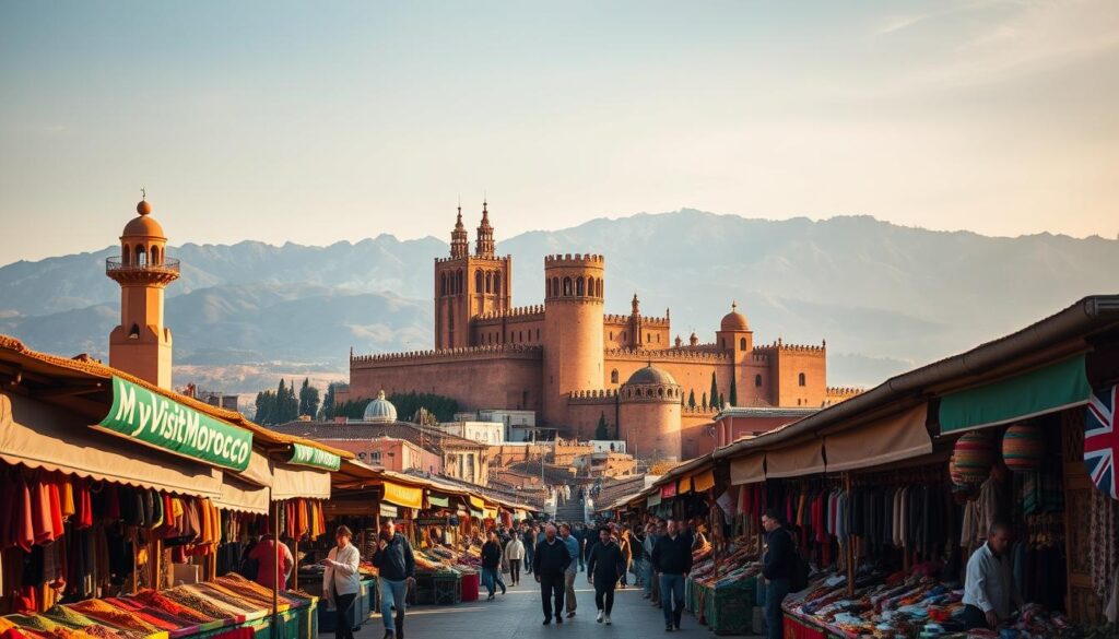 A serene blend of ancient architecture and vibrant cultures, a journey through Spain and Morocco captured in a single frame. In the foreground, a bustling outdoor market in Marrakech, vendors selling colorful spices, handcrafted textiles, and the iconic MyVisitMorocco stall. In the middle ground, the iconic Alcázar of Segovia in Spain, its grand towers and turrets rising against a hazy blue sky. In the background, the rugged Atlas Mountains, their snow-capped peaks creating a dramatic backdrop. Warm, golden lighting illuminates the scene, casting a warm, inviting atmosphere. Shoot with a wide-angle lens to capture the expansive, immersive feel of this enchanting Spain and Morocco adventure. A serene blend of ancient architecture and vibrant cultures, a journey through Spain and Morocco captured in a single frame. In the foreground, a bustling outdoor market in Marrakech, vendors selling colorful spices, handcrafted textiles, and the iconic MyVisitMorocco stall. In the middle ground, the iconic Alcázar of Segovia in Spain, its grand towers and turrets rising against a hazy blue sky. In the background, the rugged Atlas Mountains, their snow-capped peaks creating a dramatic backdrop. Warm, golden lighting illuminates the scene, casting a warm, inviting atmosphere. Shoot with a wide-angle lens to capture the expansive, immersive feel of this enchanting Spain and Morocco adventure.