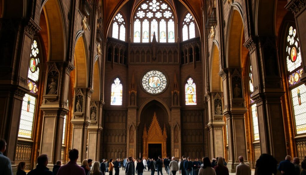 A serene cathedral standing tall, its majestic spires piercing the sky. Stained glass windows cast a warm glow, illuminating the ornate interior adorned with intricate carvings and religious iconography. In the foreground, a group of visitors reverently explore the space, captivated by the centuries-old heritage. The scene is captured through a wide-angle lens, showcasing the grandeur and scale of this architectural masterpiece. Soft, diffused lighting creates a tranquil, contemplative atmosphere. MyVisitMorocco