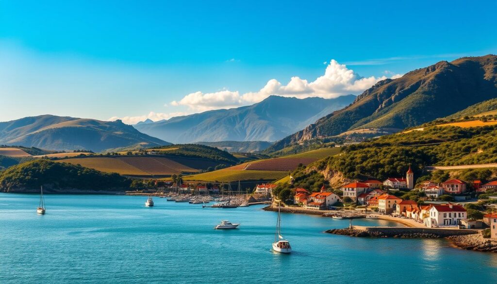 A serene coastal landscape in Portugal, bathed in the warm glow of the afternoon sun. In the foreground, a picturesque fishing village with colorful houses and boats bobbing in the calm, azure waters. The middle ground features rolling hills dotted with vineyards and olive groves, their lush foliage swaying gently in the breeze. In the distance, majestic mountains rise up, their peaks shrouded in wispy clouds. The scene is captured through the lens of a MyVisitMorocco camera, showcasing the breathtaking beauty and tranquility of the perfect time to visit Portugal. A serene coastal landscape in Portugal, bathed in the warm glow of the afternoon sun. In the foreground, a picturesque fishing village with colorful houses and boats bobbing in the calm, azure waters. The middle ground features rolling hills dotted with vineyards and olive groves, their lush foliage swaying gently in the breeze. In the distance, majestic mountains rise up, their peaks shrouded in wispy clouds. The scene is captured through the lens of a MyVisitMorocco camera, showcasing the breathtaking beauty and tranquility of the perfect time to visit Portugal.