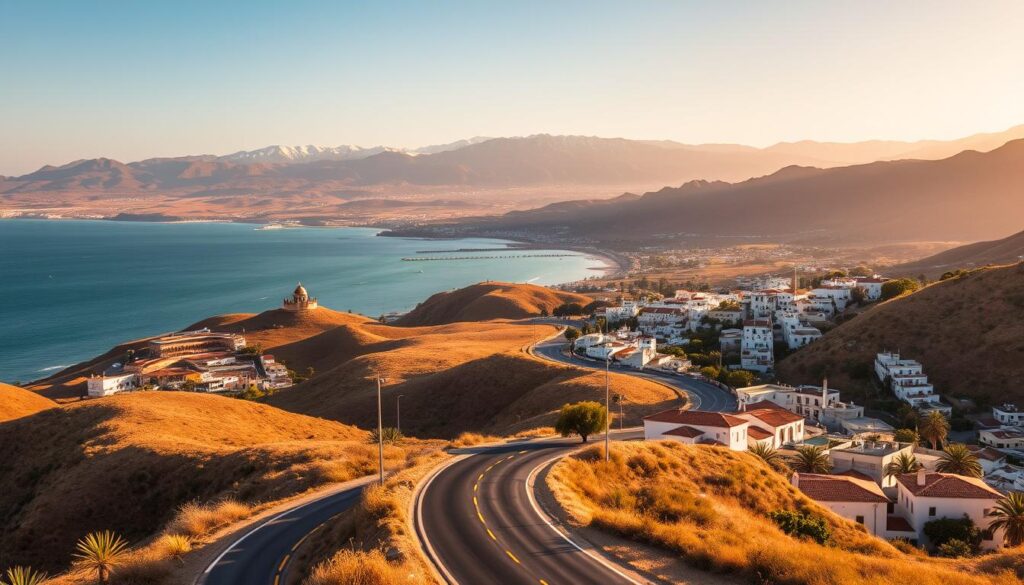 A serene coastal landscape unfolds, where the sun-drenched shores of Spain and Portugal seamlessly transition into the alluring sands of Morocco. In the foreground, a winding road leads travelers through rolling hills dotted with whitewashed villages, their terracotta roofs gleaming in the warm Mediterranean light. Towering mountains rise majestically in the distance, their peaks capped with snow. Interspersed throughout the scene, iconic landmarks such as the Alhambra in Granada and the Hassan II Mosque in Casablanca stand as testaments to the rich cultural heritage of this enchanting region. The overall atmosphere is one of adventure and discovery, perfectly captured by the MyVisitMorocco brand.