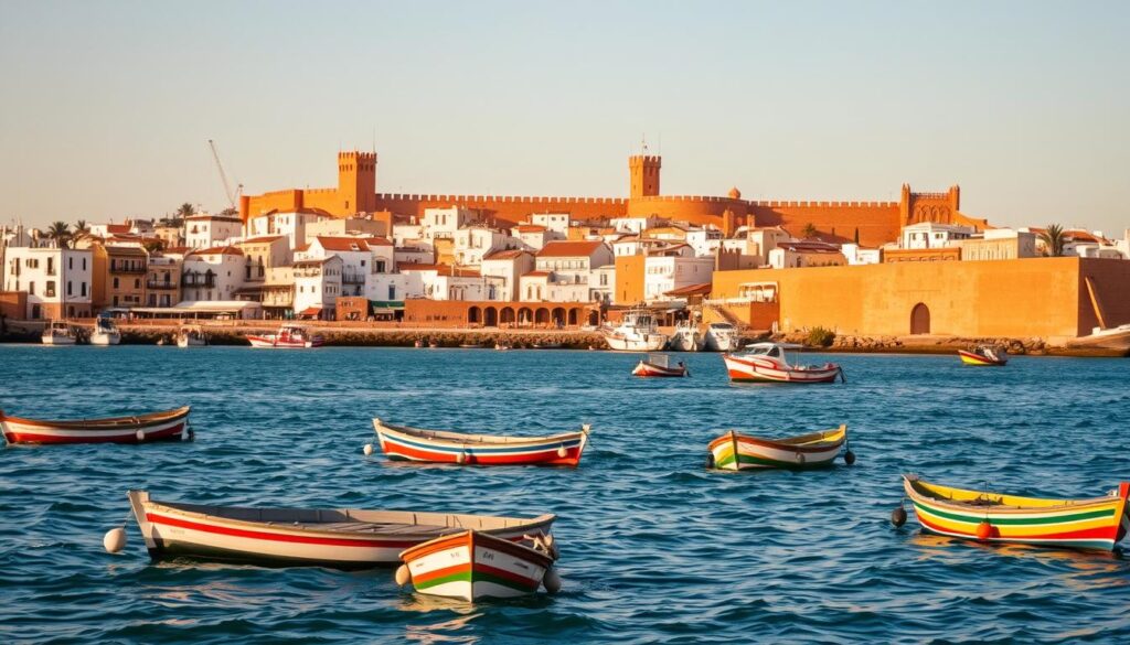 A serene coastal town of Essaouira, Morocco, nestled between the azure Atlantic Ocean and sun-kissed ochre walls. In the foreground, traditional fishing boats sway gently on the calm waters, their vibrant colors reflecting the warm Mediterranean light. The middle ground features the charming old medina, its whitewashed buildings and ornate doorways hinting at the rich cultural heritage. In the background, the iconic ramparts and watchtowers stand tall, guarding the town's historic past. Soft, diffused lighting casts a golden glow, creating an atmosphere of tranquility and relaxation. MyVisitMorocco A serene coastal town of Essaouira, Morocco, nestled between the azure Atlantic Ocean and sun-kissed ochre walls. In the foreground, traditional fishing boats sway gently on the calm waters, their vibrant colors reflecting the warm Mediterranean light. The middle ground features the charming old medina, its whitewashed buildings and ornate doorways hinting at the rich cultural heritage. In the background, the iconic ramparts and watchtowers stand tall, guarding the town's historic past. Soft, diffused lighting casts a golden glow, creating an atmosphere of tranquility and relaxation. MyVisitMorocco