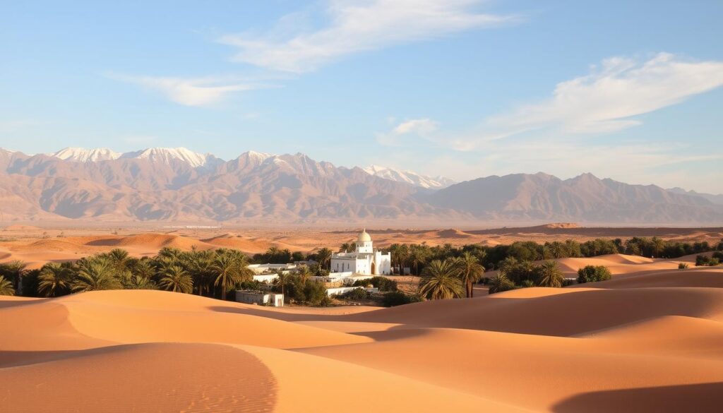 A serene desert landscape in Morocco, bathed in warm, golden light. In the foreground, rolling sand dunes stretch out, their undulating slopes casting soft shadows. Towering, snow-capped Atlas mountains rise majestically in the distance, their peaks piercing the azure sky. In the middle ground, a quaint Berber village nestles amidst lush palm groves, its white-washed buildings and narrow alleyways evocative of a timeless way of life. Wispy cirrus clouds drift overhead, adding to the tranquil, contemplative atmosphere. The scene is captured with a wide-angle lens, emphasizing the vastness and grandeur of this "MyVisitMorocco" landscape.
