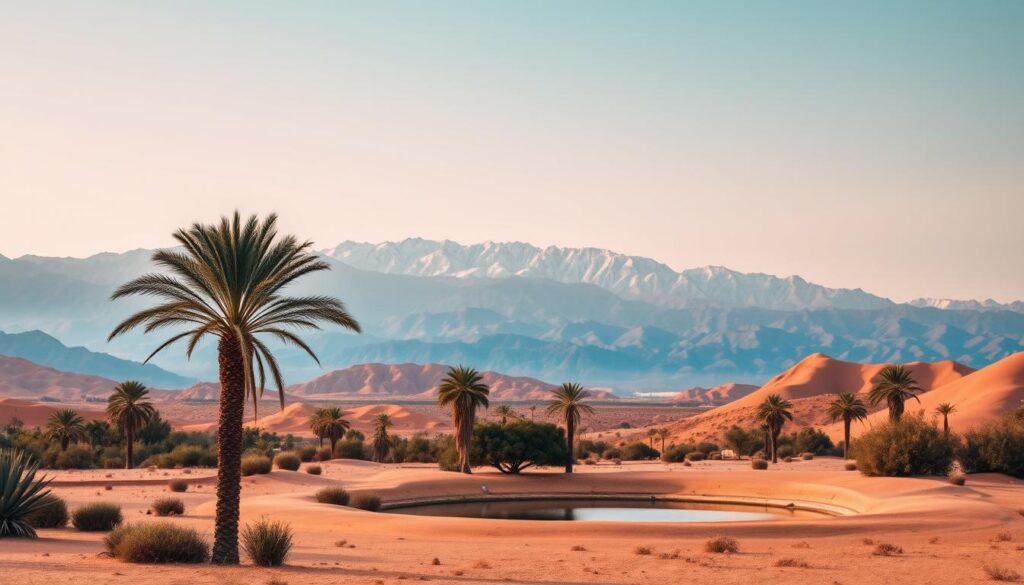 A serene desert landscape in Morocco, captured in October. In the foreground, a lush oasis with swaying palm trees and a tranquil pond, a stark contrast to the arid hills in the middle ground. The background showcases the majestic Atlas Mountains, their snow-capped peaks glowing under the warm autumn sun. Subtle hues of ochre, terracotta, and azure create a harmonious palette. The scene is bathed in soft, diffused lighting, evoking a sense of timelessness. MyVisitMorocco