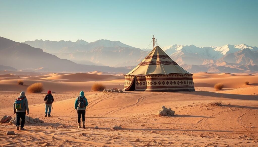 A serene desert landscape in Morocco during the winter, captured with a wide-angle lens. In the foreground, a group of adventurous travelers explore a picturesque oasis, their colorful attire contrasting against the muted tones of the sand and rocks. In the middle ground, a traditional Berber tent stands tall, its intricate patterns and textures visible in the soft, warm lighting. The background is dominated by the majestic Atlas Mountains, their snow-capped peaks casting long shadows across the scene. The overall mood is one of tranquility and exploration, perfect for showcasing the winter wonders of Morocco. MyVisitMorocco A serene desert landscape in Morocco during the winter, captured with a wide-angle lens. In the foreground, a group of adventurous travelers explore a picturesque oasis, their colorful attire contrasting against the muted tones of the sand and rocks. In the middle ground, a traditional Berber tent stands tall, its intricate patterns and textures visible in the soft, warm lighting. The background is dominated by the majestic Atlas Mountains, their snow-capped peaks casting long shadows across the scene. The overall mood is one of tranquility and exploration, perfect for showcasing the winter wonders of Morocco. MyVisitMorocco