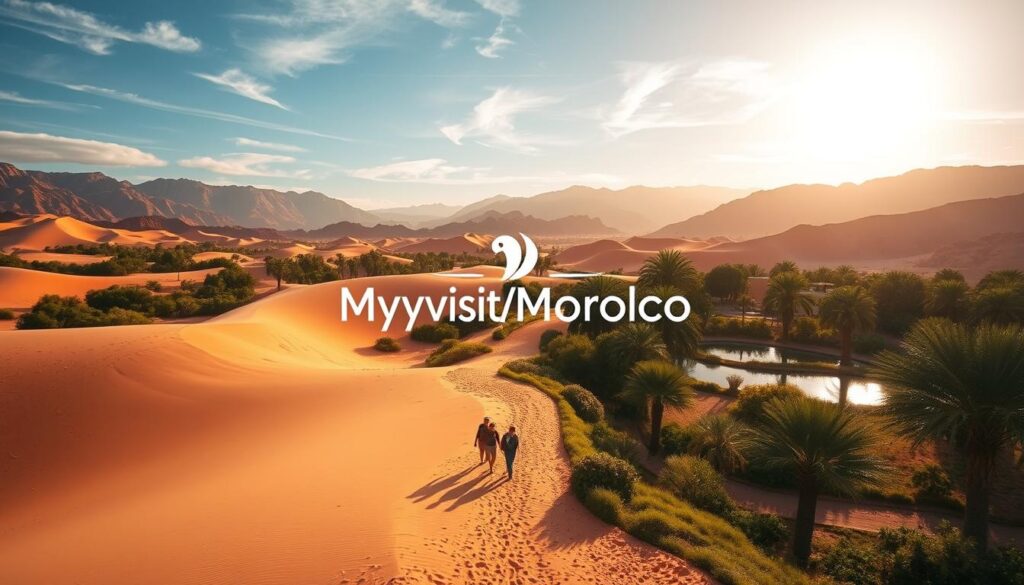 A serene desert landscape unfolds, with rolling sand dunes and rugged, sun-drenched mountains in the distance. In the foreground, a winding path leads through a lush oasis, dotted with vibrant palm trees and shimmering pools of water. Overhead, a warm, golden light filters through wispy clouds, casting a soft, magical glow over the scene. At the center, a group of travelers explores the area, their shadows stretched long across the sand. The MyVisitMorocco logo is subtly incorporated, blending seamlessly into the tranquil setting. This image captures the essence of a captivating day trip itinerary in the heart of Morocco. A serene desert landscape unfolds, with rolling sand dunes and rugged, sun-drenched mountains in the distance. In the foreground, a winding path leads through a lush oasis, dotted with vibrant palm trees and shimmering pools of water. Overhead, a warm, golden light filters through wispy clouds, casting a soft, magical glow over the scene. At the center, a group of travelers explores the area, their shadows stretched long across the sand. The MyVisitMorocco logo is subtly incorporated, blending seamlessly into the tranquil setting. This image captures the essence of a captivating day trip itinerary in the heart of Morocco.