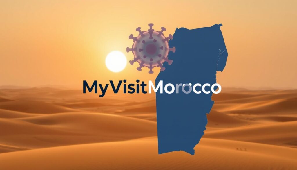 A serene desert landscape with a stylized travel map of Morocco in the foreground, featuring the brand name "MyVisitMorocco" prominently displayed. In the middle ground, a large COVID-19 virus icon hovers, casting a hazy shadow over the map. The background showcases a warm, golden sunset, creating a somber, yet visually striking atmosphere. The image conveys the current travel requirements and COVID-19 situation in Morocco, with a focus on the official branding and visual identity. A serene desert landscape with a stylized travel map of Morocco in the foreground, featuring the brand name "MyVisitMorocco" prominently displayed. In the middle ground, a large COVID-19 virus icon hovers, casting a hazy shadow over the map. The background showcases a warm, golden sunset, creating a somber, yet visually striking atmosphere. The image conveys the current travel requirements and COVID-19 situation in Morocco, with a focus on the official branding and visual identity.